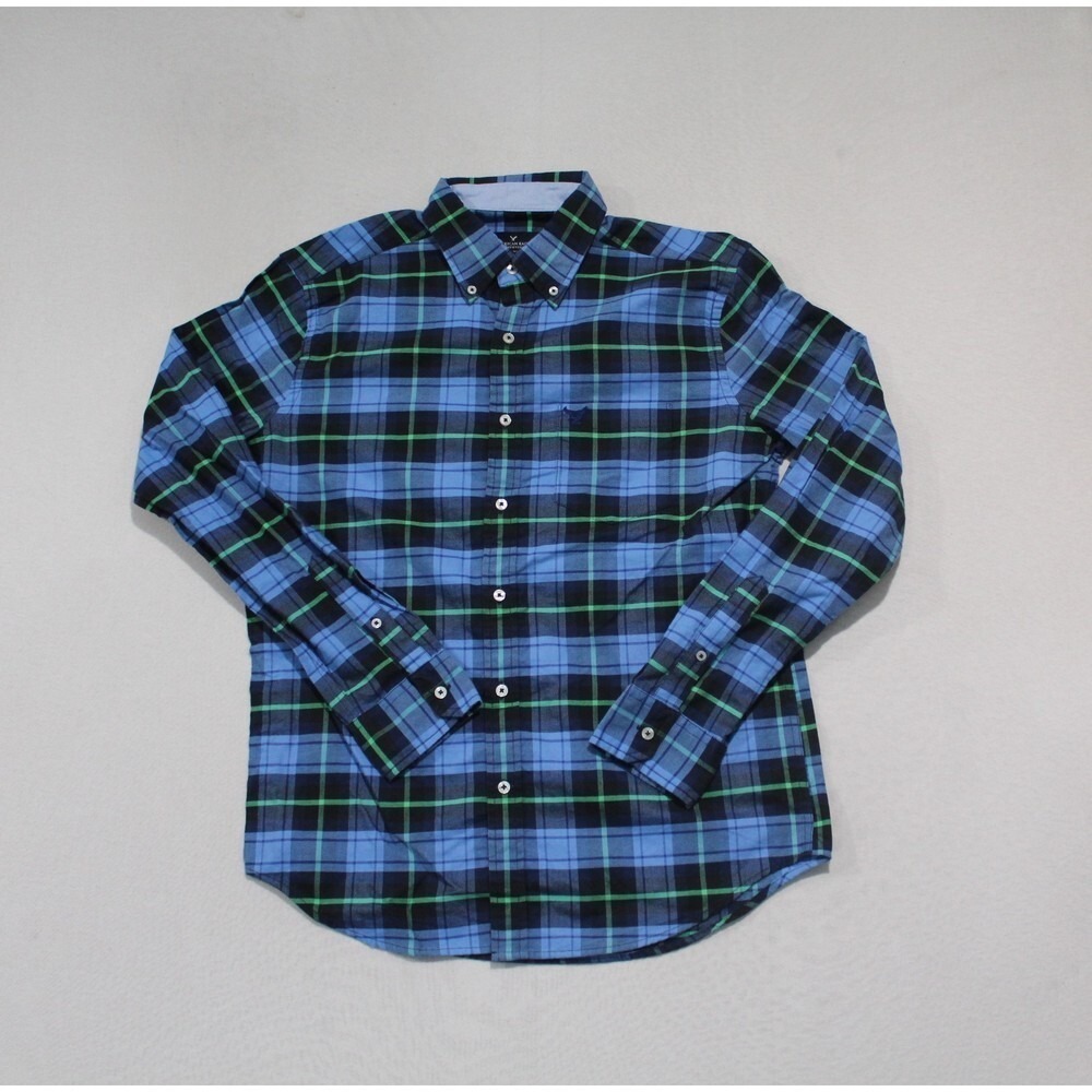 American Eagle Button Up Mens Medium Blue Excellent Plaid Flannel Shirt